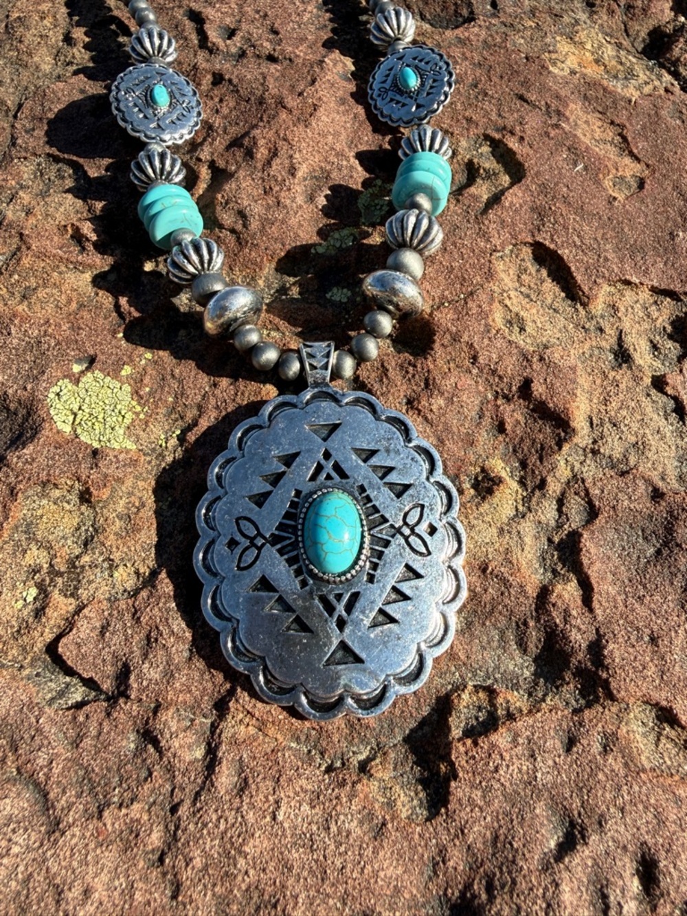 Southwestern Style Turquoise Pendant Necklace + Matching Earrings Set